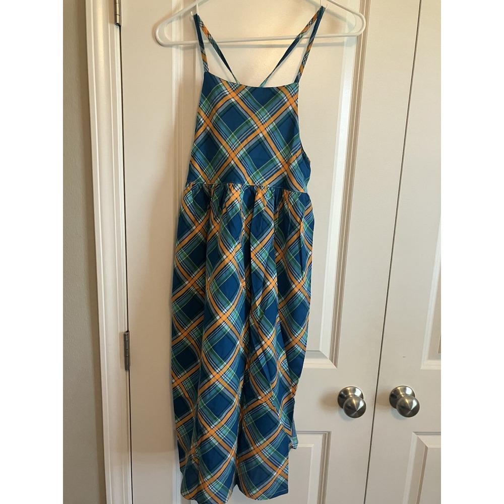 Blue Plaid Sundress Girls 9/10 Blue NWT Green Orange Midi Square Neck C574